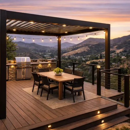 outdoor living Agoura Hills, pergola Agoura Hills, Struxure pergola Agoura Hills, TimberTech decking Agoura Hills, fire resistant decking Agoura Hills, outdoor kitchen Agoura Hills, hillside deck Agoura Hills, backyard renovation Agoura Hills, pergola contractor Agoura Hills, outdoor living contractor Agoura Hills, canyon view backyard Agoura Hills, deck builder Agoura Hills