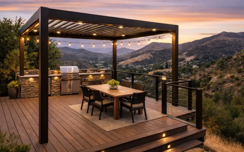 outdoor living Agoura Hills, pergola Agoura Hills, Struxure pergola Agoura Hills, TimberTech decking Agoura Hills, fire resistant decking Agoura Hills, outdoor kitchen Agoura Hills, hillside deck Agoura Hills, backyard renovation Agoura Hills, pergola contractor Agoura Hills, outdoor living contractor Agoura Hills, canyon view backyard Agoura Hills, deck builder Agoura Hills