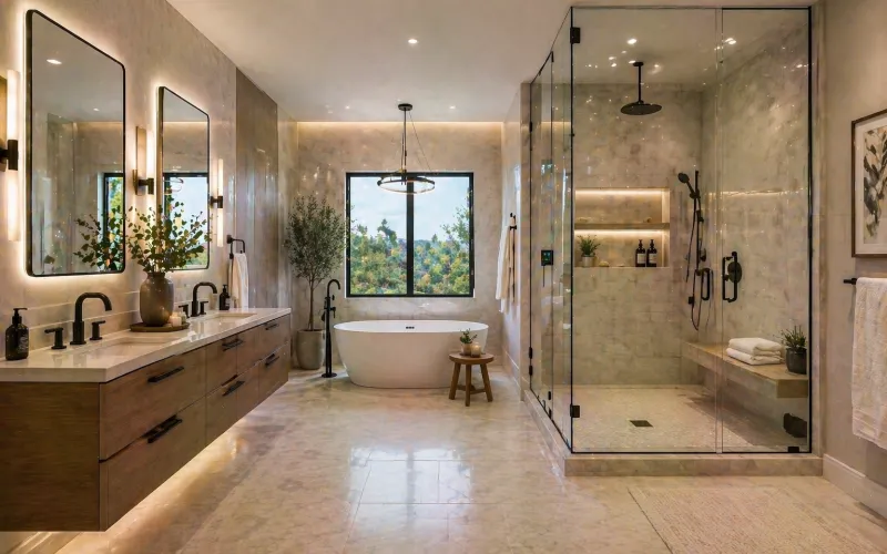 bathroom remodeling Encino, Encino bathroom renovation, spa bathroom Encino, steam shower Encino, freestanding tub Encino, Kohler bathroom Encino, bathroom contractor Encino CA, bathroom design build Encino, luxury bathroom Encino, floor to ceiling tile bathroom Encino