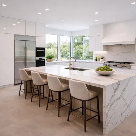 kitchen remodeling Encino, kitchen renovation Encino, kitchen contractor Encino, Encino kitchen remodeling company, kitchen design build Encino, waterfall island kitchen, European cabinets kitchen, Cambria quartz countertops, Caesarstone kitchen surfaces, luxury kitchen remodel Encino, kitchen remodel cost Encino, modern kitchen Los Angeles, custom kitchen cabinets Encino
