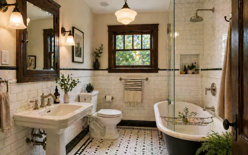 bathroom remodeling Glendale, Glendale bathroom renovation, Craftsman bathroom Glendale, Spanish Colonial bathroom Glendale, subway tile bathroom Glendale, hex mosaic bathroom Glendale, Kohler fixtures Glendale, bathroom contractor Glendale CA, bathroom design build Glendale, historic bathroom remodel Glendale