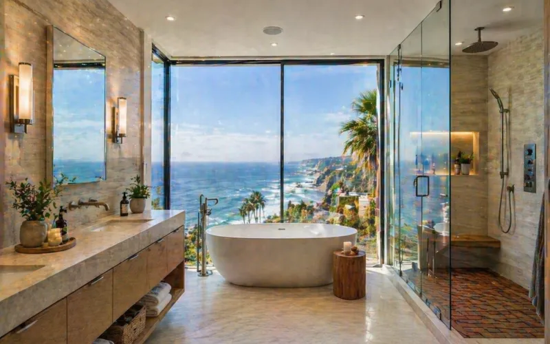 bathroom remodeling Malibu, Malibu bathroom renovation, luxury bathroom Malibu, ocean view bathroom Malibu, Kohler smart shower Malibu, natural stone bathroom Malibu, bathroom contractor Malibu CA, bathroom design build Malibu, coastal bathroom remodel Malibu, high end bathroom Malibu