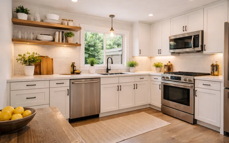 kitchen remodeling North Hollywood, kitchen renovation North Hollywood, kitchen contractor North Hollywood, North Hollywood kitchen remodeling company, kitchen design build North Hollywood, small kitchen remodel, bungalow kitchen renovation, MSI quartz countertops, shaker cabinets kitchen, open shelving kitchen design, kitchen remodel cost North Hollywood, compact kitchen layout, budget kitchen remodel, modern small kitchen