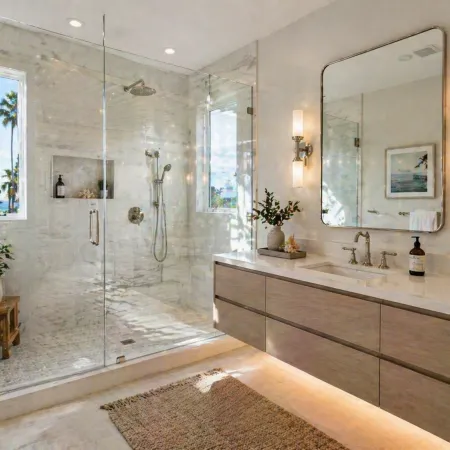 bathroom remodeling Santa Monica, bathroom renovation Santa Monica, coastal bathroom design, frameless glass shower Santa Monica, floating vanity bathroom, Kohler polished nickel fixtures, bathroom contractor Santa Monica, small bathroom remodel Santa Monica, bathroom design build Santa Monica, MSI porcelain tile bathroom, modern coastal bathroom, bathroom remodel company Santa Monica