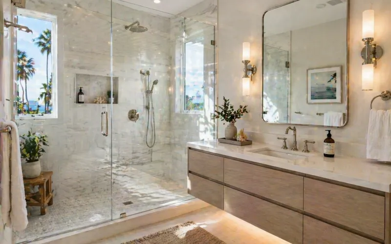 bathroom remodeling Santa Monica, bathroom renovation Santa Monica, coastal bathroom design, frameless glass shower Santa Monica, floating vanity bathroom, Kohler polished nickel fixtures, bathroom contractor Santa Monica, small bathroom remodel Santa Monica, bathroom design build Santa Monica, MSI porcelain tile bathroom, modern coastal bathroom, bathroom remodel company Santa Monica