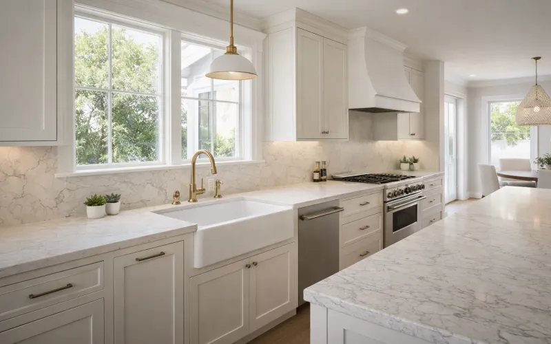 kitchen remodeling Santa Monica, kitchen renovation Santa Monica, kitchen contractor Santa Monica, Santa Monica kitchen remodeling company, kitchen design build Santa Monica, coastal kitchen design, Cambria quartz countertops, Kohler farmhouse sink, beach house kitchen remodel, modern coastal kitchen, kitchen remodel cost Santa Monica, luxury kitchen renovation Los Angeles, compact kitchen design, light kitchen interior