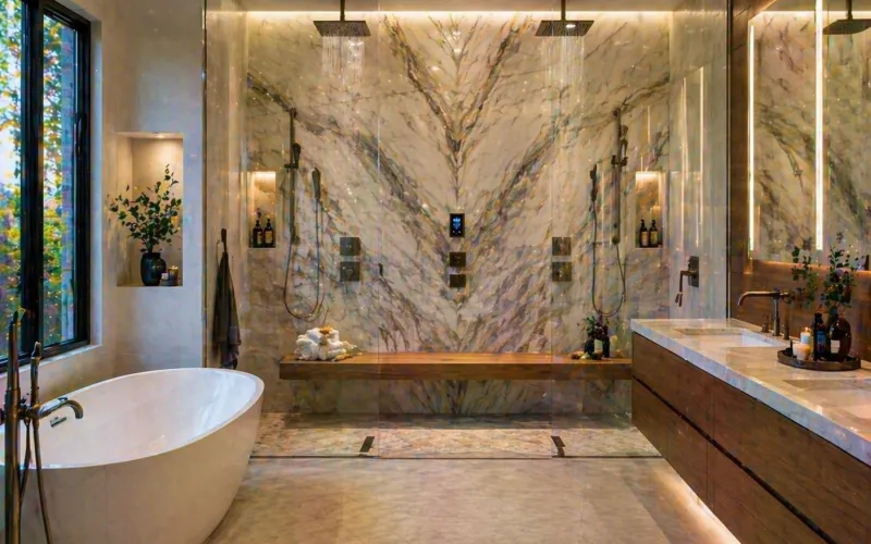 bathroom remodeling Studio City, Studio City bathroom renovation, double rain shower Studio City, Kohler DTV+ Studio City, book matched stone bathroom Studio City, luxury bathroom Studio City, bathroom contractor Studio City CA, bathroom design build Studio City, modern bathroom Studio City, high end bathroom remodel Studio City