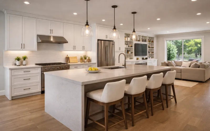 kitchen remodeling Thousand Oaks, kitchen renovation Thousand Oaks, kitchen contractor Thousand Oaks, Thousand Oaks kitchen remodeling company, kitchen design build Thousand Oaks, open concept kitchen remodel, Caesarstone quartz kitchen, large kitchen island design, family kitchen remodel, modern suburban kitchen, kitchen remodel cost Thousand Oaks, durable kitchen materials, shaker cabinets kitchen, kitchen layout conversion