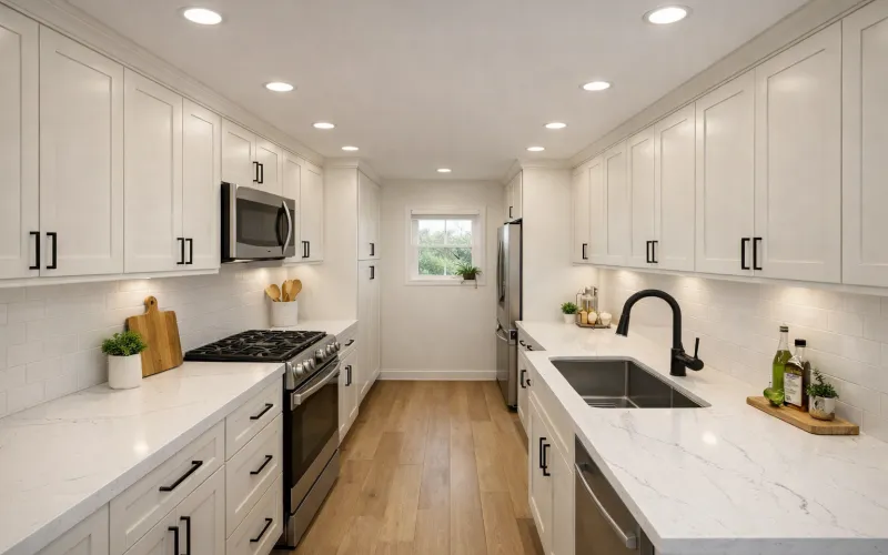 kitchen remodeling Van Nuys, kitchen renovation Van Nuys, kitchen contractor Van Nuys, Van Nuys kitchen remodeling company, kitchen design build Van Nuys, galley kitchen remodel, Shaker cabinets kitchen, MSI quartz countertops, kitchen backsplash tile, Kohler kitchen faucet, RUVATI sink, kitchen remodel cost Van Nuys, modern kitchen renovation Los Angeles, compact kitchen design, kitchen layout optimization