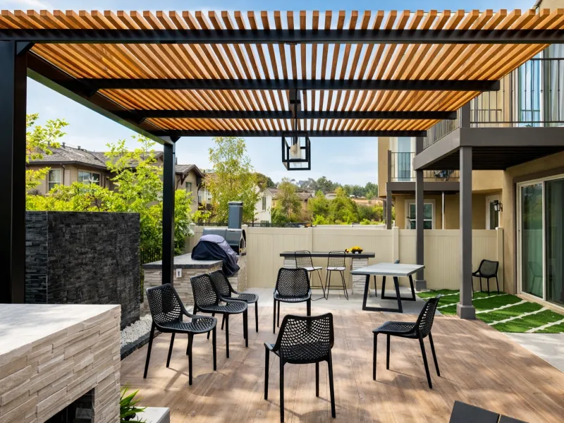 custom pergola, pergola ideas, custom aluminum pergola, pergola with roof and sides, metal and wood pergola,