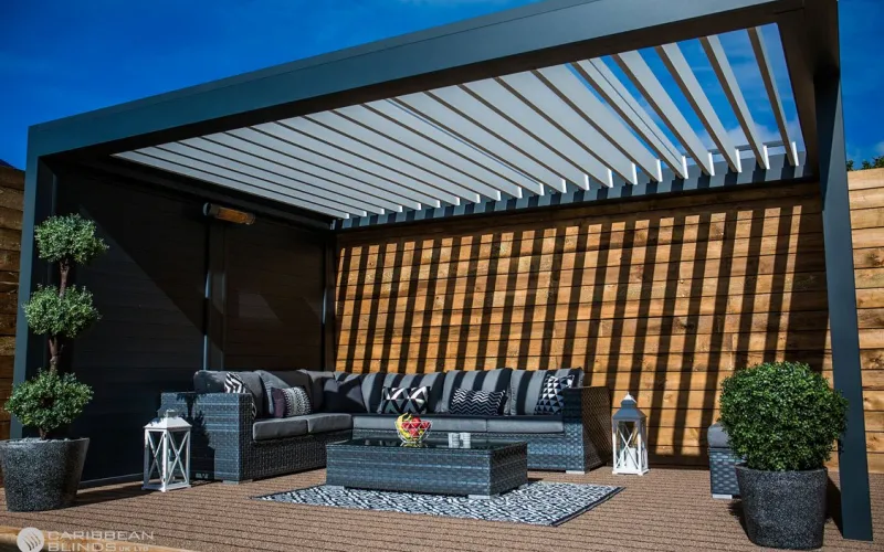 custom pergola, pergola ideas, custom aluminum pergola, pergola with roof and sides, metal and wood pergola,