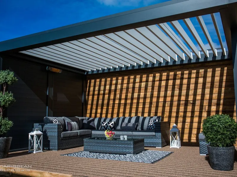 custom pergola, pergola ideas, custom aluminum pergola, pergola with roof and sides, metal and wood pergola,