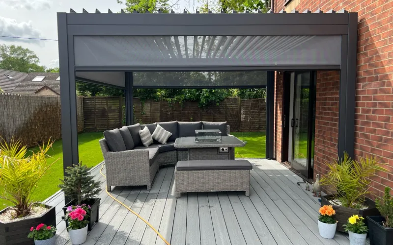 custom aluminum pergola, pergola with roof and sides, pergola construction, metal and wood pergola, decking and pergolas,