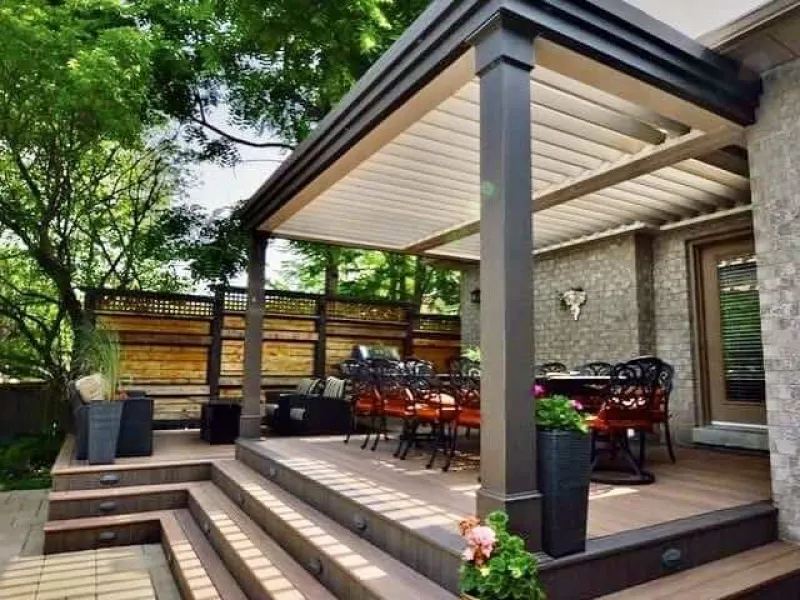 custom pergola, pergola ideas, custom aluminum pergola, pergola with roof and sides, metal and wood pergola,