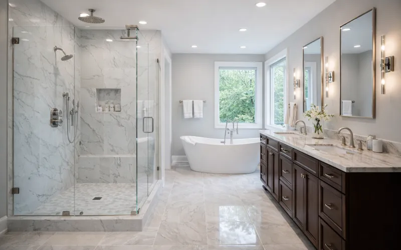bathroom remodeling, luxury bathroom renovation, modern bathroom design, walk in shower remodel, high end bathroom interior, bathroom renovation california, premium bathroom remodeling