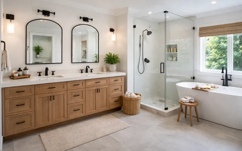 modern bathroom design, luxury bathroom interior, bathroom renovation project, functional bathroom layout, american style bathroom, contemporary bathroom design, high end bathroom renovation