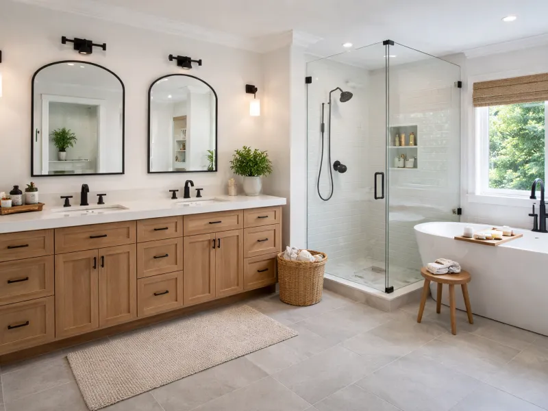 modern bathroom design, luxury bathroom interior, bathroom renovation project, functional bathroom layout, american style bathroom, contemporary bathroom design, high end bathroom renovation