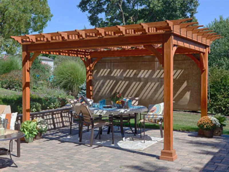 pergola ideas, custom aluminum pergola, pergola with roof and sides, solid roof pergola, metal and wood pergola,