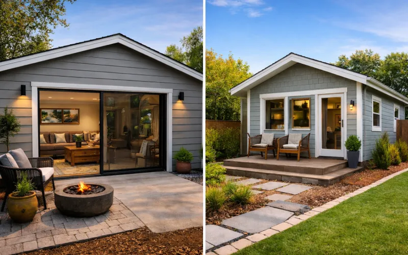 garage conversion project, before and after garage conversion, converted garage living space, garage remodel interior, ADU construction process, modern ADU exterior, detached ADU design, small backyard ADU, ADU floor plan layout, garage to apartment conversion, home expansion construction, design build ADU project