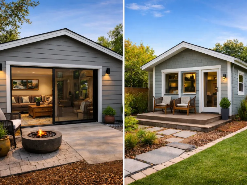 garage conversion project, before and after garage conversion, converted garage living space, garage remodel interior, ADU construction process, modern ADU exterior, detached ADU design, small backyard ADU, ADU floor plan layout, garage to apartment conversion, home expansion construction, design build ADU project