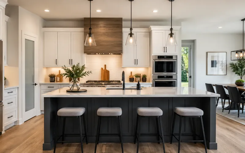 modern luxury kitchen interior, custom kitchen cabinets, quartz kitchen countertops, open concept remodeled kitchen, kitchen island design, premium kitchen lighting, contemporary kitchen renovation, white shaker kitchen cabinets, upscale residential kitchen, professional kitchen remodel before and after