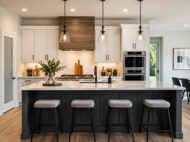 modern luxury kitchen interior, custom kitchen cabinets, quartz kitchen countertops, open concept remodeled kitchen, kitchen island design, premium kitchen lighting, contemporary kitchen renovation, white shaker kitchen cabinets, upscale residential kitchen, professional kitchen remodel before and after