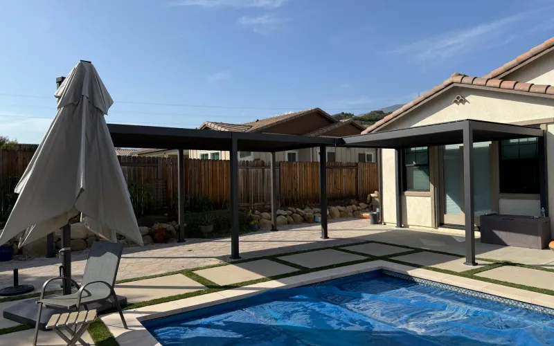 custom pergola, pergola ideas, custom aluminum pergola, pergola with roof and sides, metal and wood pergola,