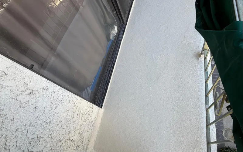 balcony repair project, renovated balcony exterior, balcony restoration before and after, apartment balcony repair, exterior renovation work, Encino California building exterior, professional construction team, exterior remodeling project
