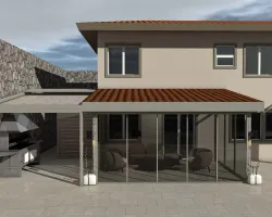 Sliding Glass Door Pergola Systems with Motorized Zip Curtains