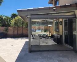 Sliding Glass Door Pergola Systems with Motorized Zip Curtains