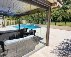 Sliding Glass Door Pergola Systems with Motorized Zip Curtains