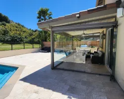 Sliding Glass Door Pergola Systems with Motorized Zip Curtains